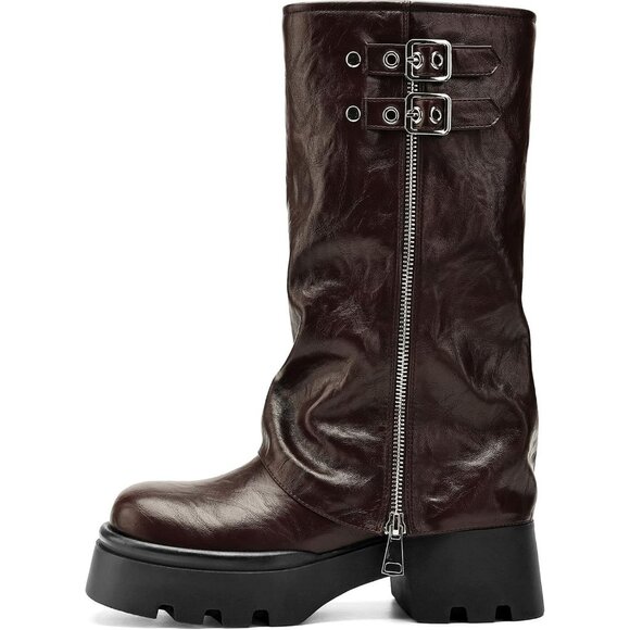 Women's Burgundy Chunky Slouchy Fold Wide Calf Fashion Buckle Knee High Boots - Picture 4 of 5